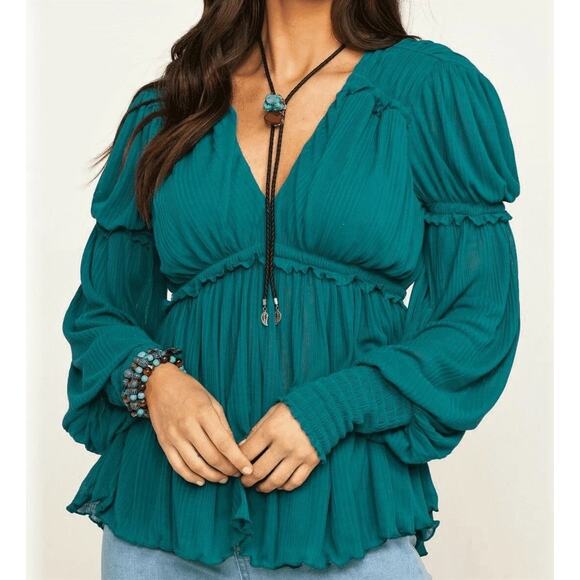 Free People Day Dreaming Long Sleeve Top Relaxed Teal Night Size NWOT Size XS - Picture 1 of 5